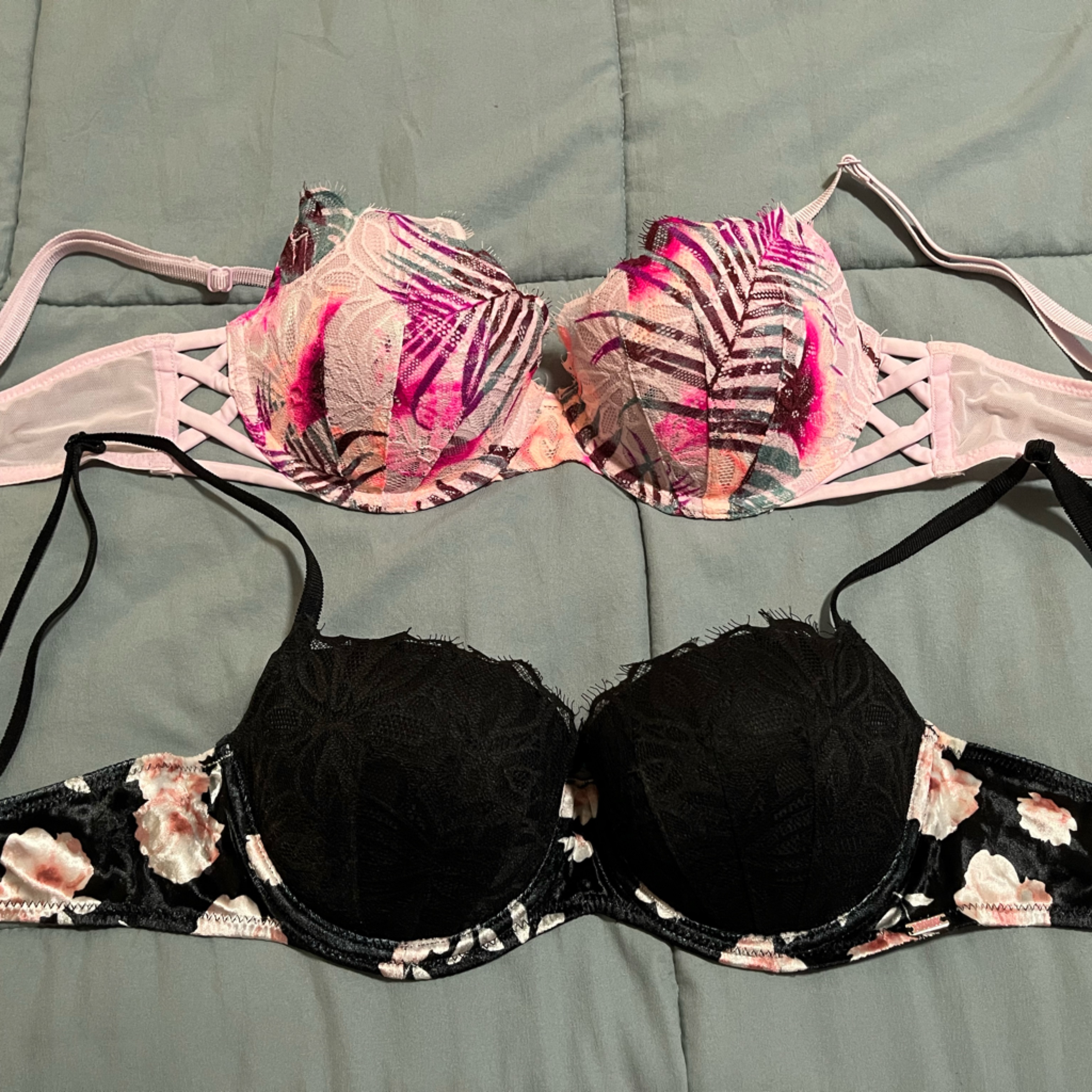 Pink- Floral Lace Bra Sets, Black And Pink Date Push Up 34c